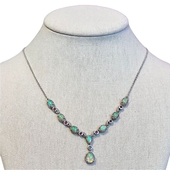 GORGEOUS Genuine Ethiopian Opal Ruby Drop Platinum Over Sterling Silver Necklace - Picture 1 of 7
